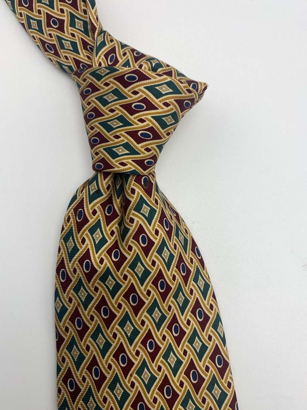 Brooks Brothers Geometric Silk Necktie with Brown, Green, and Gold Pattern